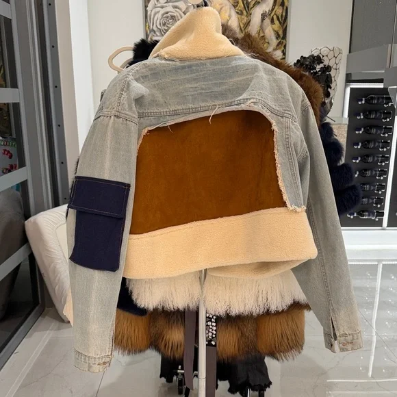 Cream Sherpa-Lined Denim Jacket with Brown Suede Accents - Picture 2 of 5
